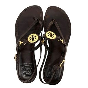 Tory Burch Brown Leather Gold Logo T Strap Sandals Women’s 7.5